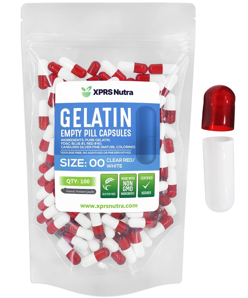 XPRS Nutra Size 00 Empty Capsules - 100 Count Empty Gelatin Capsule - Pillola DIY Capsule Filling - Fillable Pill Gel Caps per Do-It-Yourself Supplements (Clear Red/White)