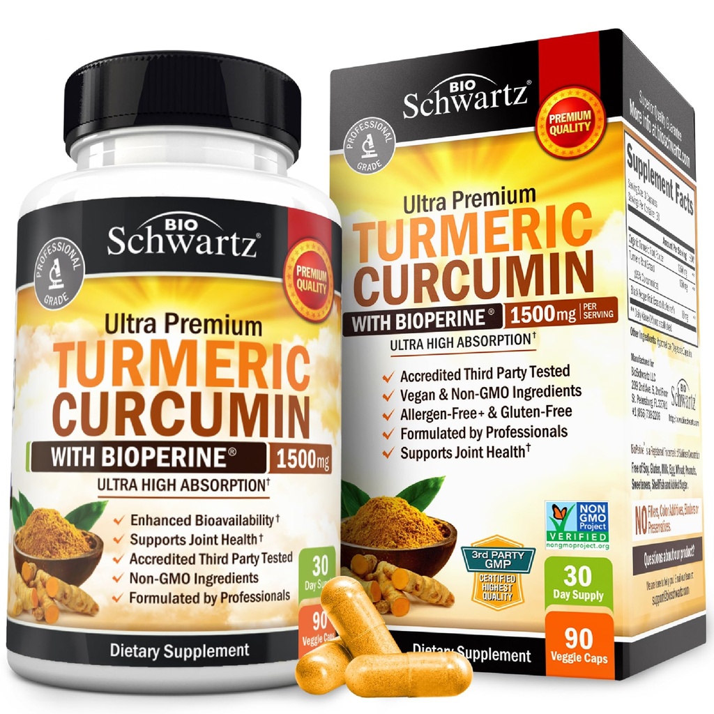 Kurkuma Curcumin mit schwarzem Pfeffer Extrakt 1500mg - Hohe Absorption Ultra Potent Kurkuma Ergänzung mit 95% Curcuminoide und BioPerine - Non GMO Tumeric Capsules for Joint Support - 90 Kapseln