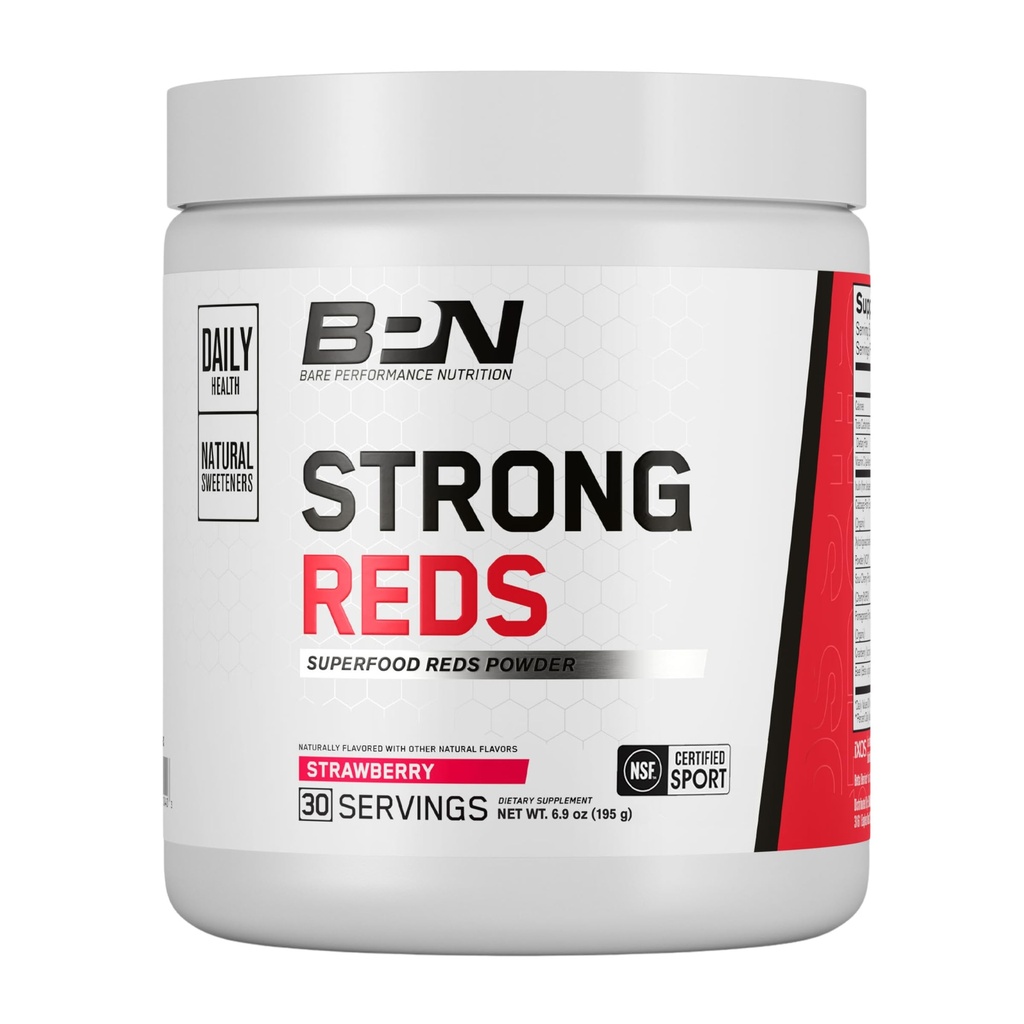BARE PERFORMANCE NUTRITION, BPN Strong Reds Superfood Powder, Enzimi digestivi, Antiossidanti, Migliore energia naturale, 30 Serve, Fragola