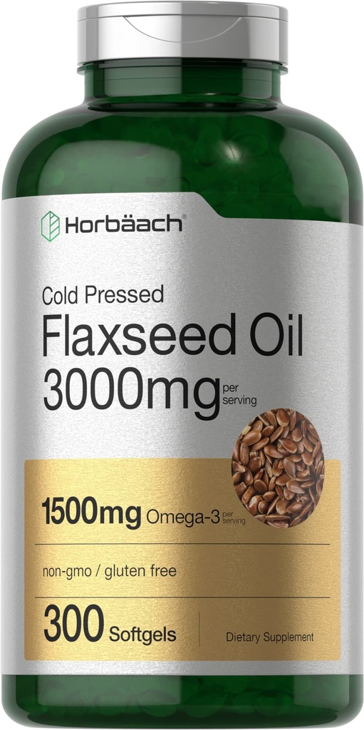 Horbäach Flaxseed Oil Softgel Kapseln 3000mg | 300 Count | Hohe Potenz | mit Omega 3 6 9 | Non-GMO, Gluten Free | Kalt gepresste Flamme Seed