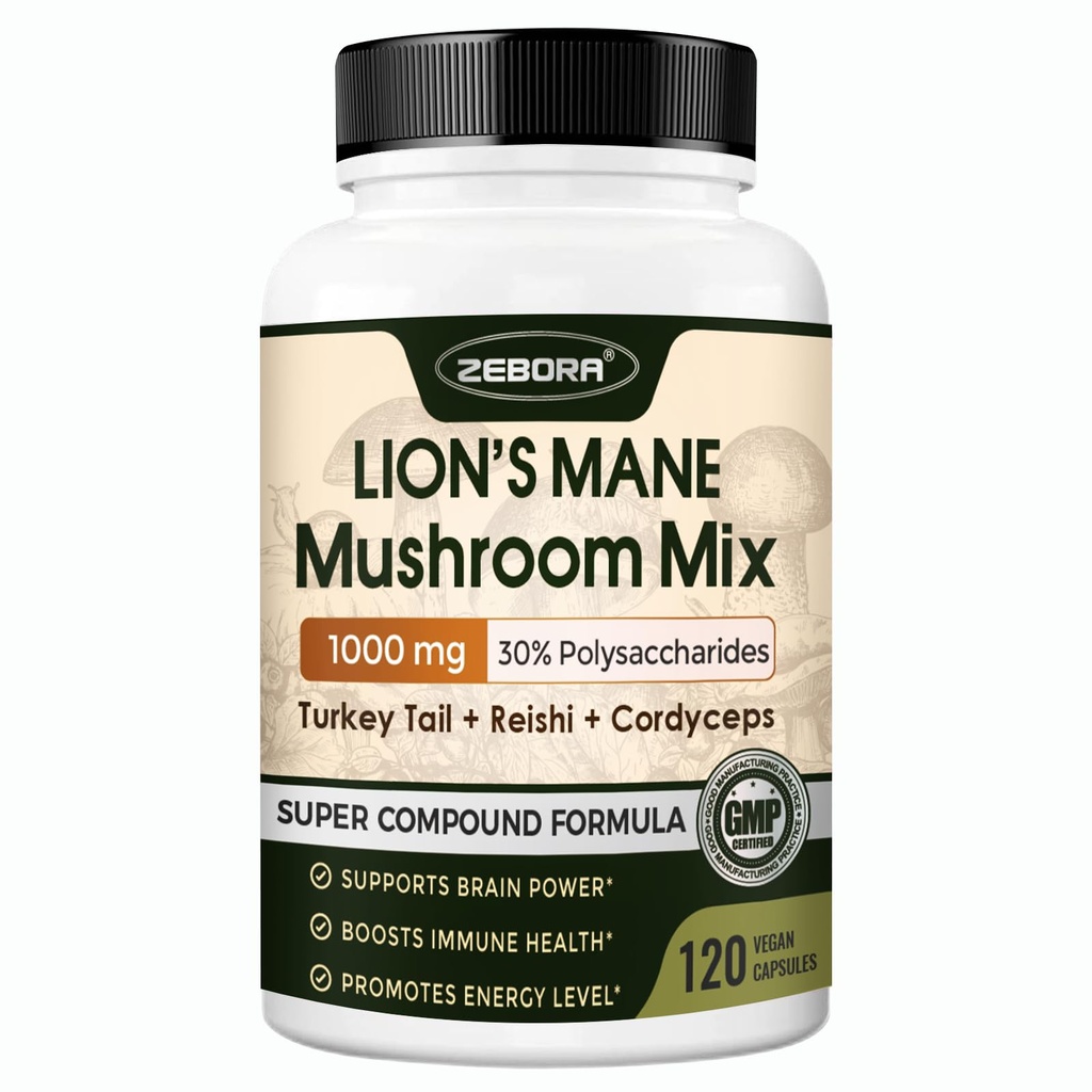 ZEBORA Lions Mane Supplement Kapseln - Mushroom Supplement mit Lions Mane, Cordyceps, Reishi, Turkey Tail, Shiitake - Lion's Mane Mushroom for Memory, Focus & Immune Support - 119 Vegan Kapseln
