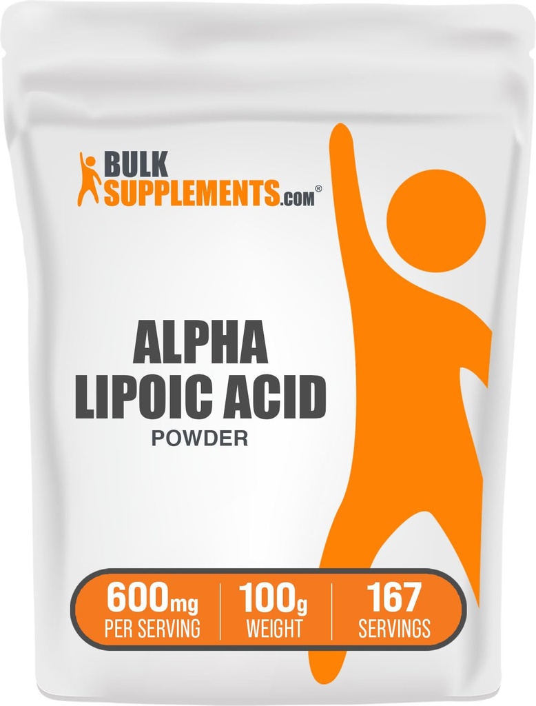 BulkSupplements.com poudre d'acide lipoïque alpha - supplément ALA, supplément antioxydant - sans gluten, 600mg par portion, 100g (3.5 oz) (paquet de 1)