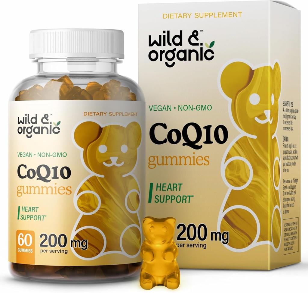 Wild & Organic CoQ10 Gummis - Vegan CoQ10 200mg Antioxidante Ergänzung mit Ubiquinone - Natürliche Energie und Fokus Gummi mit Coenzym Q10-60 Non-GMO Pectin Chewables