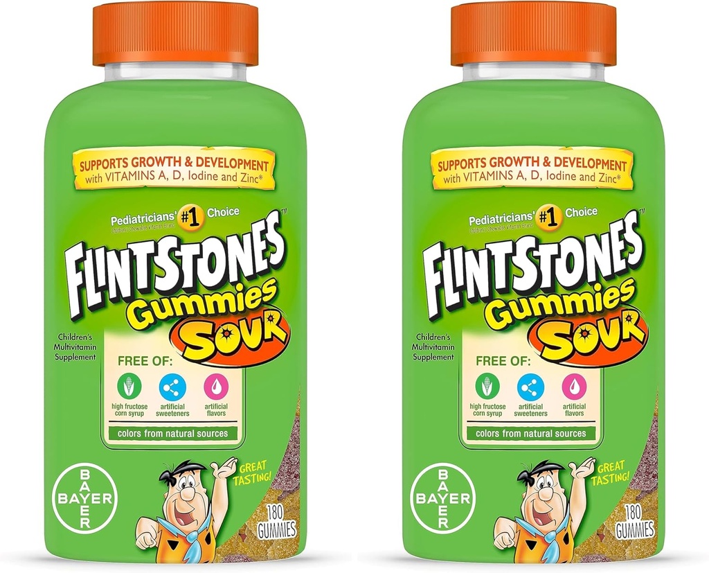 Flintstones Sour Gummies Kinder Vitamine, Gummy Multivitamin für Kinder mit Vitaminen A, B6, B12, C, D & mehr, 180ct (Pack von 2)