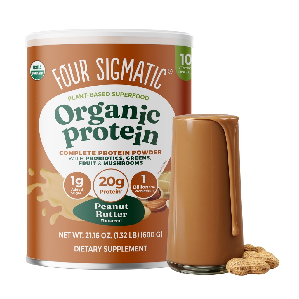 Vier Sigmatic Organic Plant-Based Protein Pulver Peanut Butter Protein mit Lion’s Mane, Chaga, Cordyceps und mehr | Clean Vegan Protein Elevated für Gehirn-Funktion und Immununterstützung | 21.16 oz