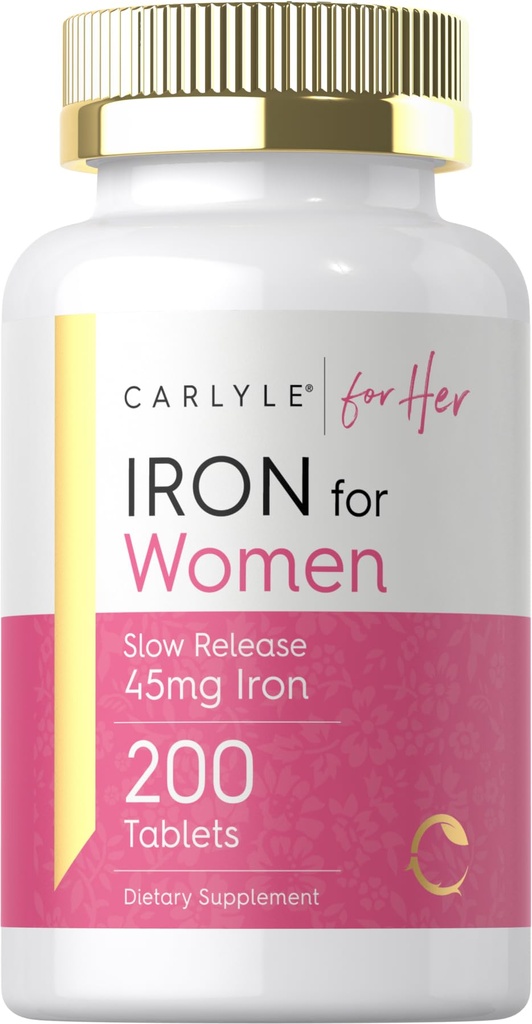 Carlyle Iron Supplement pour les femmes $ 45mg $ 200 comprimés à libération lente $ Végétarien, non-OGM, pilules sans gluten $ pour elle