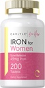 Carlyle Iron Supplement pour les femmes $ 45mg $ 200 comprimés à libération lente $ Végétarien, non-OGM, pilules sans gluten $ pour elle