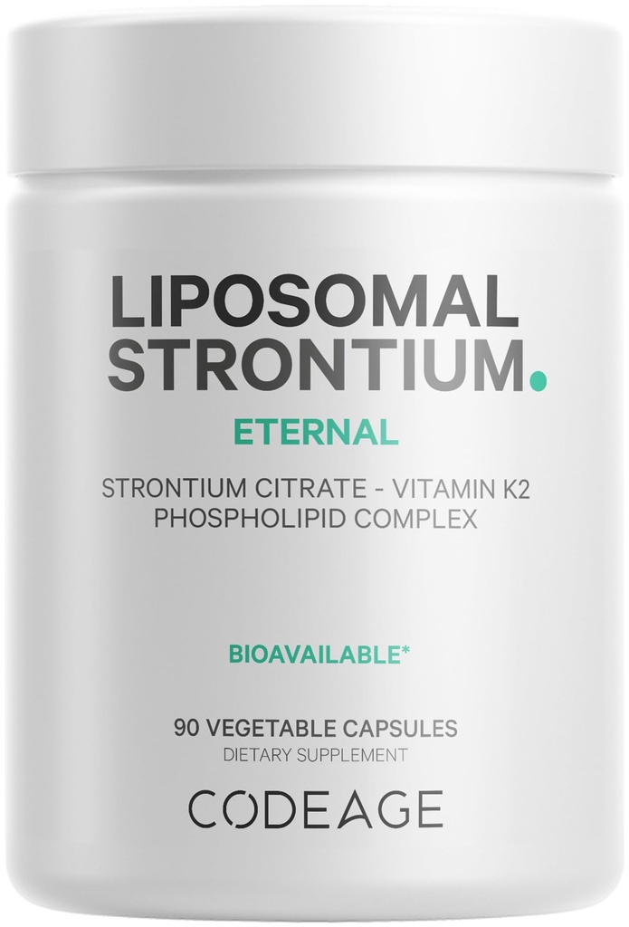 Codeage Supplément de strontium liposomique - Citrate de strontium, Vitamine K2 MK-7, Livraison liposomique, Non-OGM, Sans gluten - 90 capsules