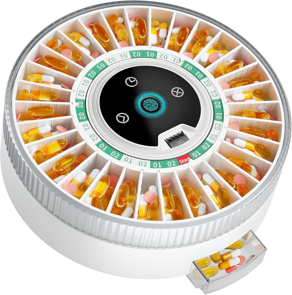 Dispenser automatico per parabrezza Bluetooth per anziani con allarme, Dispenser per pillole intelligenti con 31-Slot, Fingerprint& Dispenser meccanico a doppio blocco, Dispenser a tempo (verde)