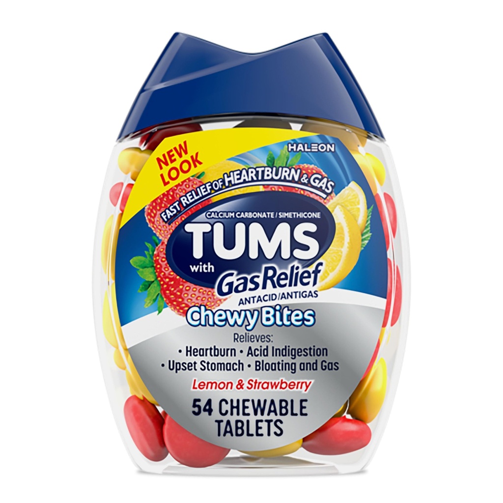 TUMS Chewy Bites Chewable Antacid Tabletten mit Gas Relief, Zitronen & Erdbeere - 54 Zähler