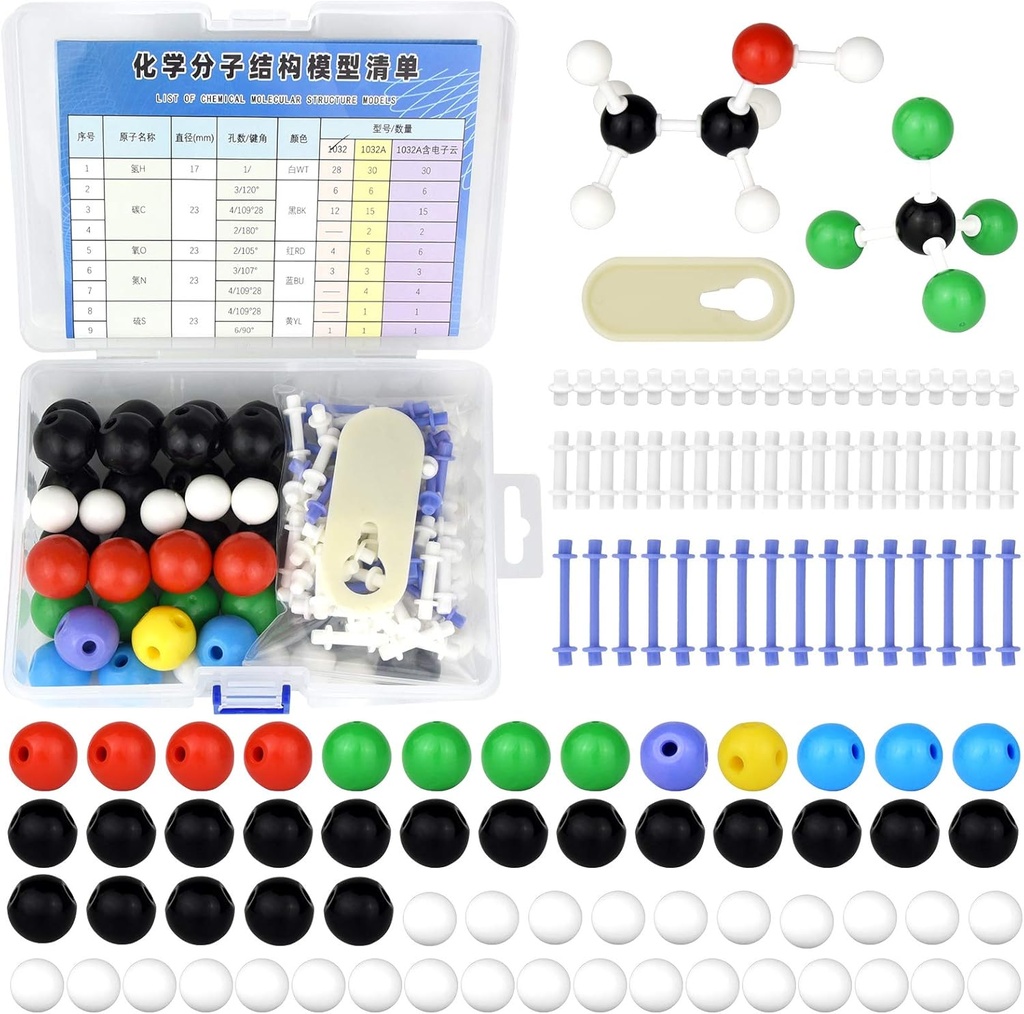 Ensemble de modèles moléculaires de chimie biologique de 136pcs pour les étudiants et les enseignants de chimie inorganique et biologique de l'enseignement universitaire 59 atomes et 76 liens Bonds et 1 lien d'élimination des atomes