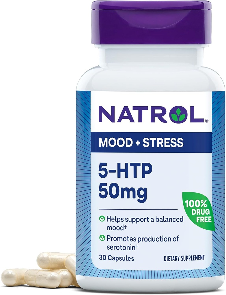 Natrol Mood & Stress 5-HTP 50mg, Integratore alimentare aiuta a sostenere un bilanciato mood, 30 capsule, 7-30 giorni di alimentazione