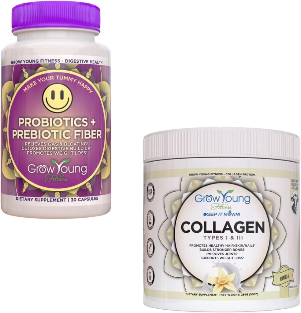 Grow Young Fitness Probiotic and Vanilla Collagen - soutient la santé digestive et favorise la peau et les os - (1) 30-Pack de probiotiques + 12,4oz de poudre de collagène Vanilla