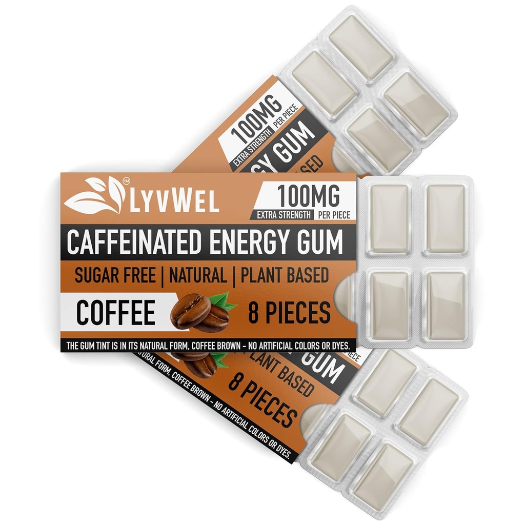 LyvWel Energy Gum | 100mg Koffein pro Edelstein | All Natural | Sugar-Free PreWorkout Boost: Ihre essentielle Energie-Ergänzung zu bleiben Awake- 3 Pack ()