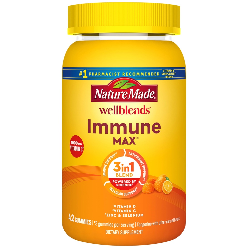 Nature faite Wellblends ImmuneMAX Gummies, vitamine C 1000mg + zinc, sélénium, et vitamine D3 5000 UI, supplément de soutien immunitaire, 42 Gummies