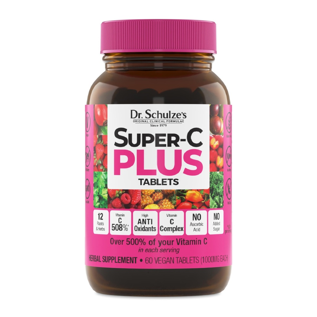 Dr. Schulze's Super-C Plus - Vitamina C Supplemento per il supporto immunitario - Skin Health & Antioxidant Support - Formula ad alta potenza - Superfood a base vegetale - Gluten-Free & Vegan - 60 Count (20 Servings)