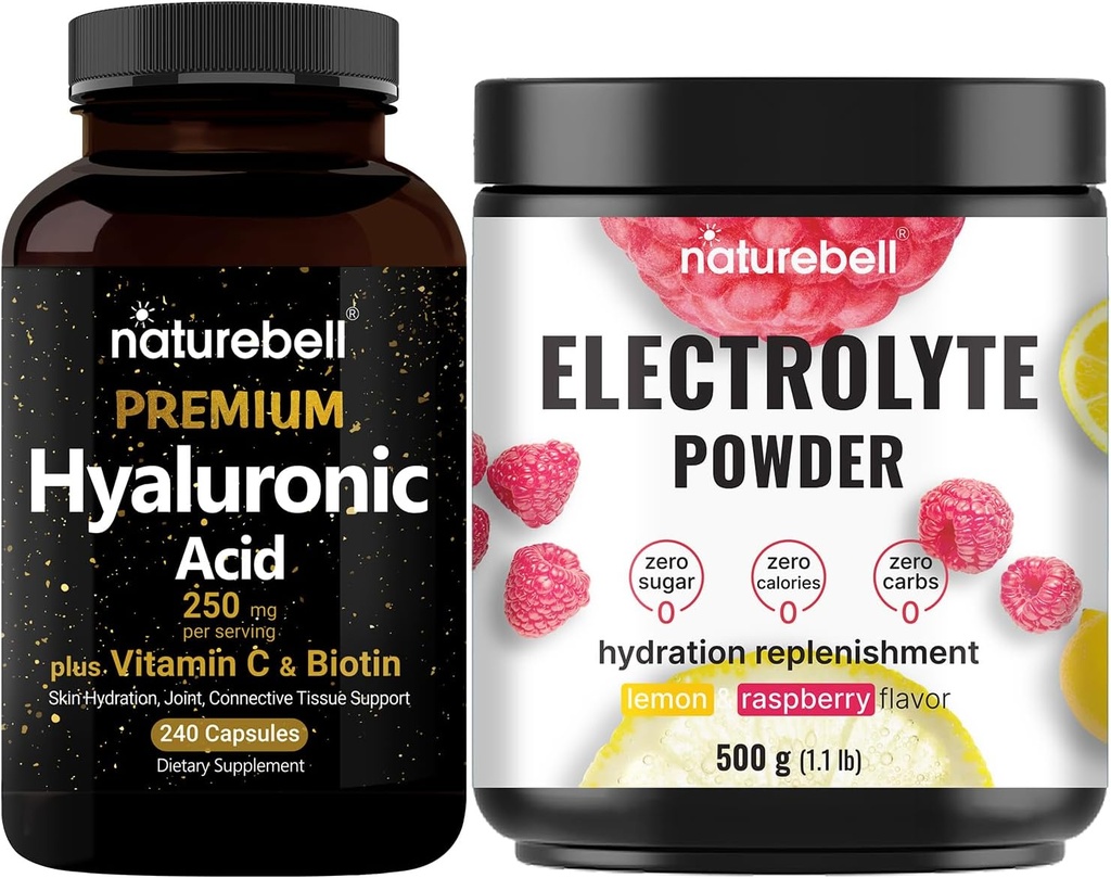 NatureBell Hyaluronsäure Kapseln mit Biotin + Vitamin C & Elektrolyt Hydration Pulver Bundle Pack | Complete Beauty Care Complex | Real Coconut Water Elektrolyte