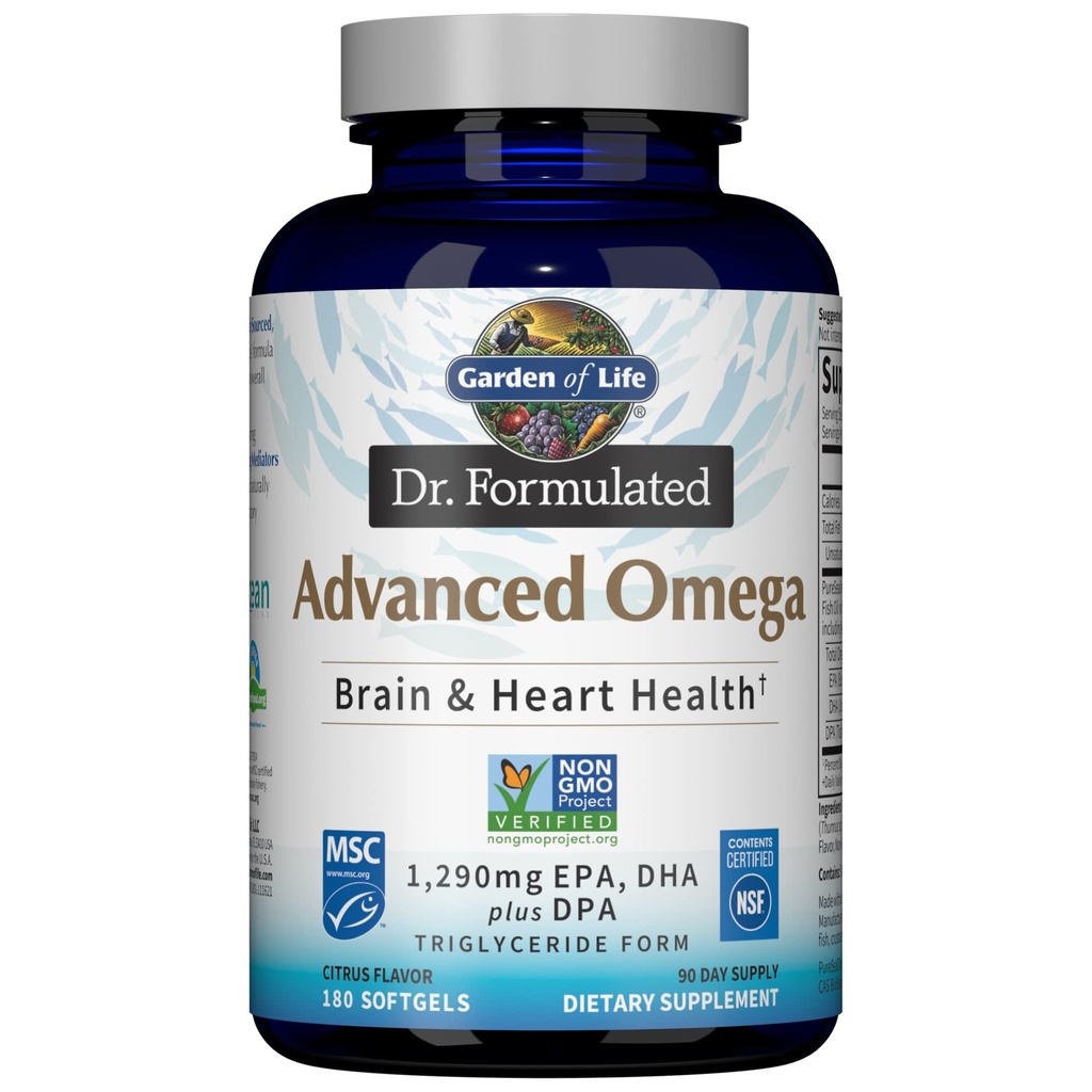 Garten des Lebens Dr. Formuliert Advanced Omega Fish Oil - Zitrone, 1.290mg EPA, DHA + DPA in Triglycerid Form, Single Source Omega 3 Supplement für Ultimate Brain & Heart Health, Non-GMO, 180 Softgels