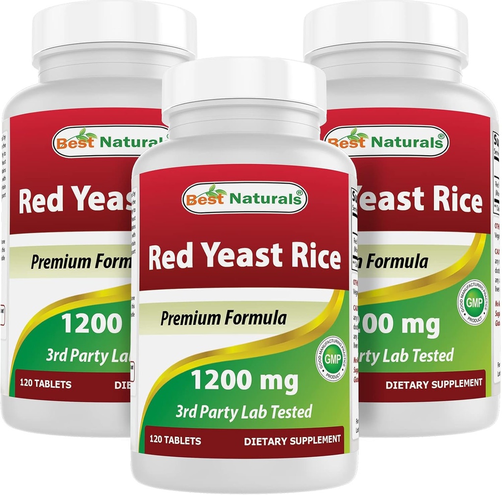 Meilleurs produits naturels Riz de levure rouge 1200 mg (non-OGM) 120 comprimés (120 Nombre (paquet de 3))