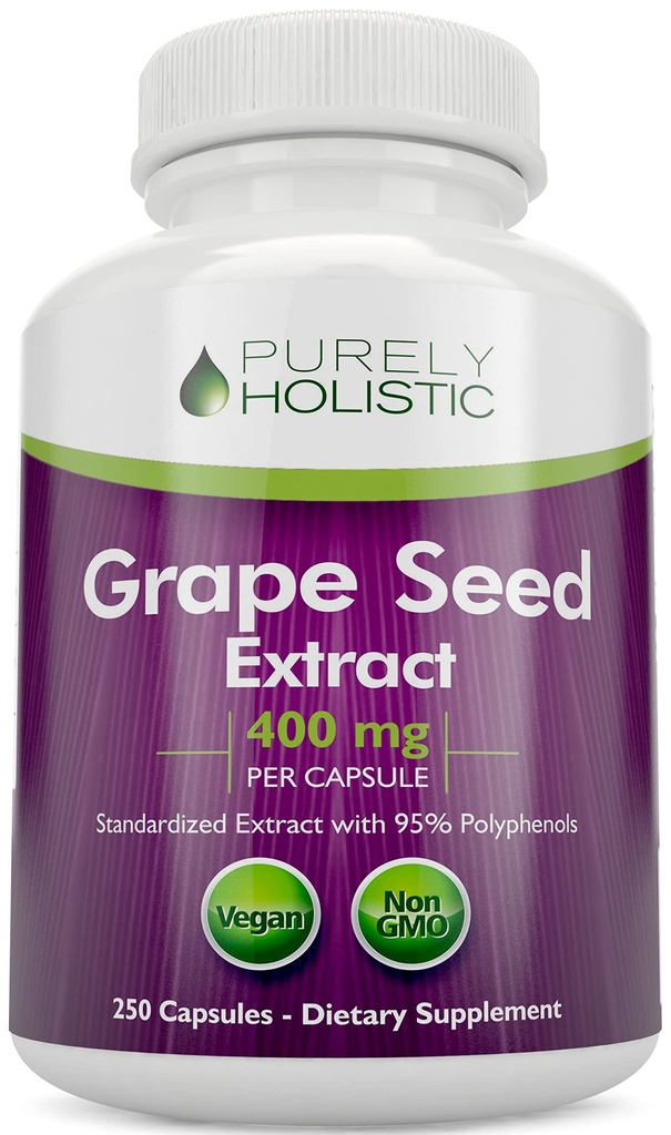 Purely Holistic Grape Seed Extract 20.000mg - 250 Vegan Capsules - 8+ Month Supply - Standardisiert auf 95 % Polyphenole - 400 mg pro Kapsel - Maximum Strength Grapeseed - Non-GMO & Pesticide Free
