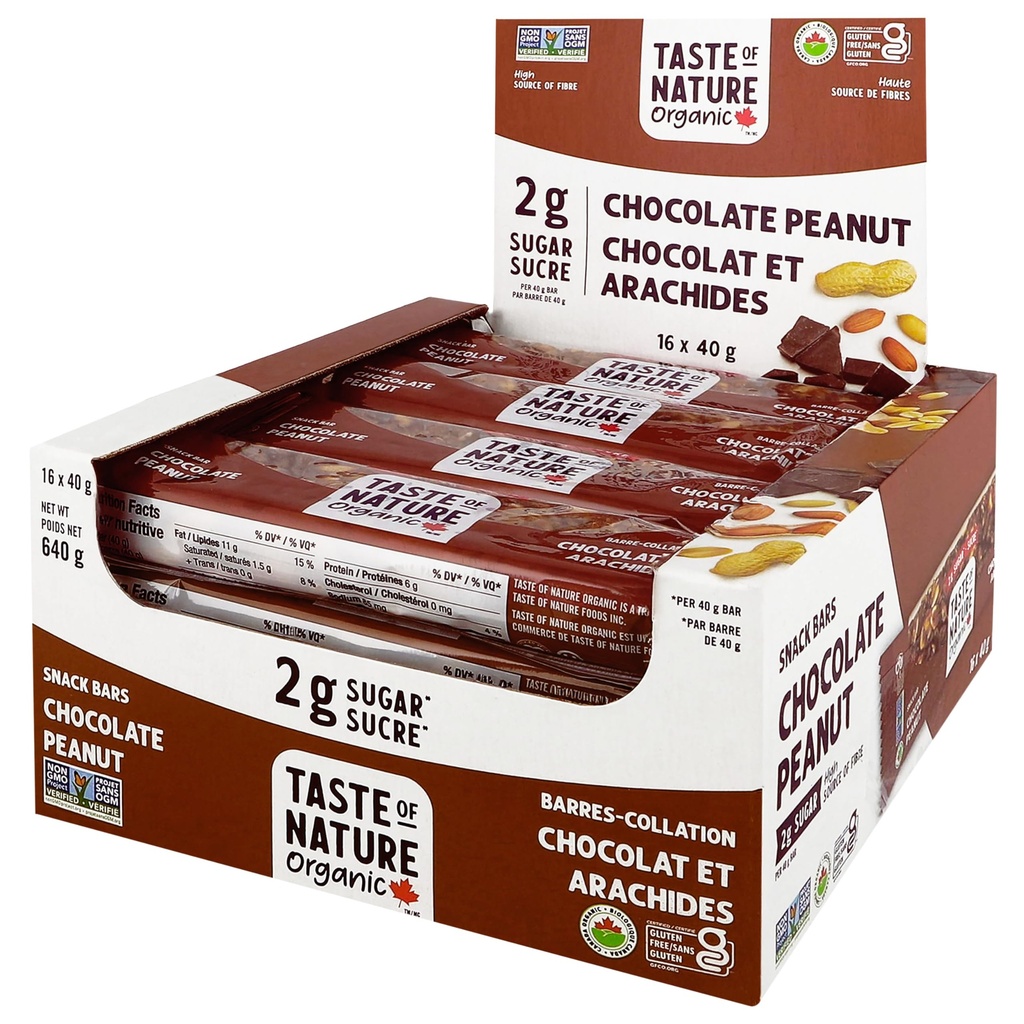 Geschmack der Natur - Bio 2g Zucker Schokolade Peanut - Low Sugar Snack und Frühstück Bar, High Fiber Energy Bar - 16 Count Snack Pack