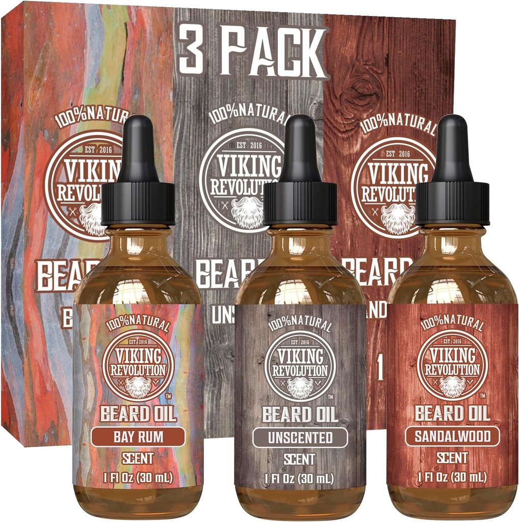 Viking Revolution Bartöl für Herren 3 Pack - Natürliche Herren Bart Öl Vielfalt Set 2 - Sandelholz, Unscented und Bay Rum Duft - Bart Conditioning und Moisturizing für einen gesunden Bart (3 Pack, 1oz)