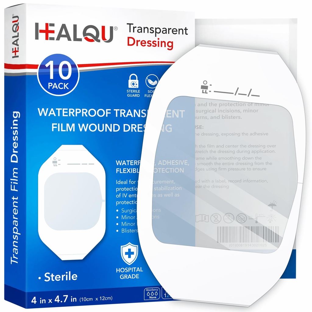 Transparent Film Dressing 4" x 4.75" (10 Pack) - Wasserdichte Klebebandagen für postchirurgische Dusche, IV Schild, Tattoo Aftercare, Klare Atmungsaktive Dressing Patches von HEALQU
