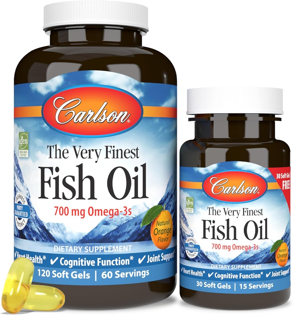 Carlson - L'olio di pesce più fine, 700 mg Omega-3s, integratore di olio di pesce norvegese, olio di pesce selvatico Caught Omega-3 Fish Oil, Sustainably Sourced Fish Oil Capsules, supplemento Omega-3, arancione, 120+30 Softgels