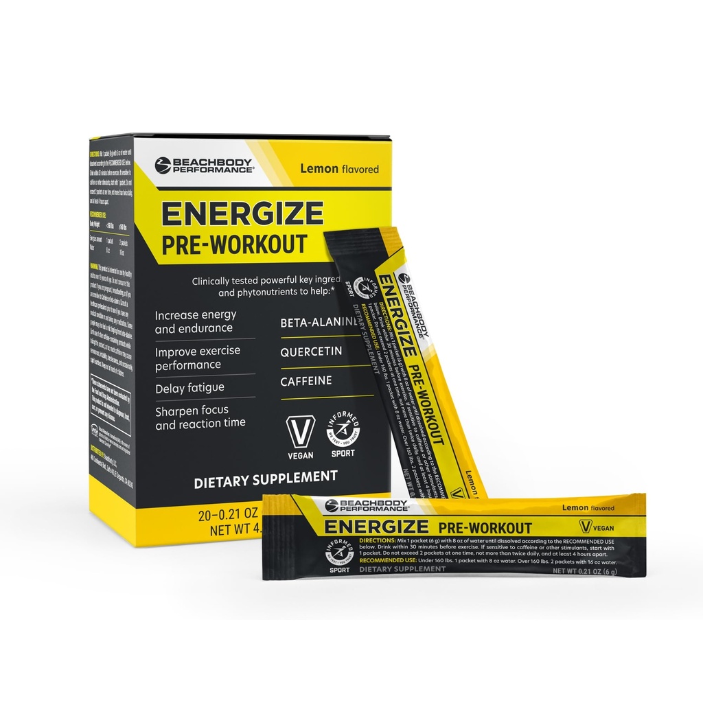 BODi Energize Pre Workout Powder - Beta-Alanin, Quercetin & Low-Dose Caffeine Formel für Enhanced Energy & Focus, Erhöhen Sie Energie & Endurance Supplement, Lemon Flavored, 20 Sticks