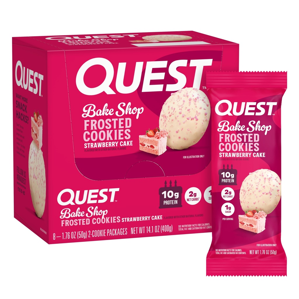 Quest Nutrition Biscuits congelés Twin Pack, Cake aux fraises, 1g de sucre, 10g de protéines, 2g de glucides nets, sans gluten, 16 cookies