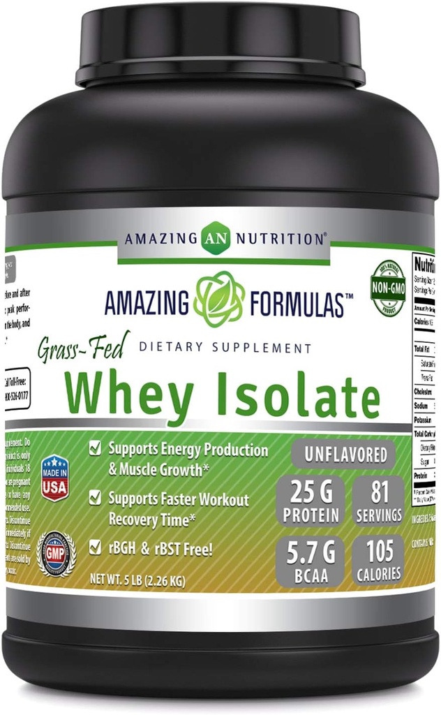 Amazing Formulas Grass-Fed Whey Protein Isolate | 25 Grammi Proteine Per Serving | 5 Lbs (2.26 Kg) | 5.7 Grammi BCAA | Made in USA (5 Lb, Unflavored)