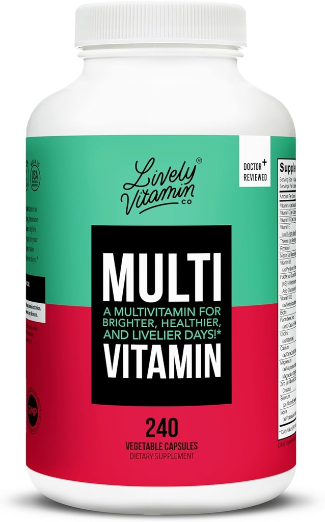 LIVELY VITAMINA CO. Multivitamina - 37 Vitamine Minerali ed Estratti - Energia - Memoria - Funzione immunitaria - Cervello cardiaco - Focus - Mood - Antiossidanti - Latticini Gluten Soy Free - 240 Capsule Vegetariani