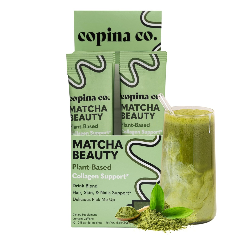 Copina Co. Matcha Beauty Vegan Collagen Booster Bevande Blend: Base vegetale Collagen Support Smoothie Drink Vegan Blend Variety Pack | Matcha Flavor | 10 singoli Stick Pack per cartone