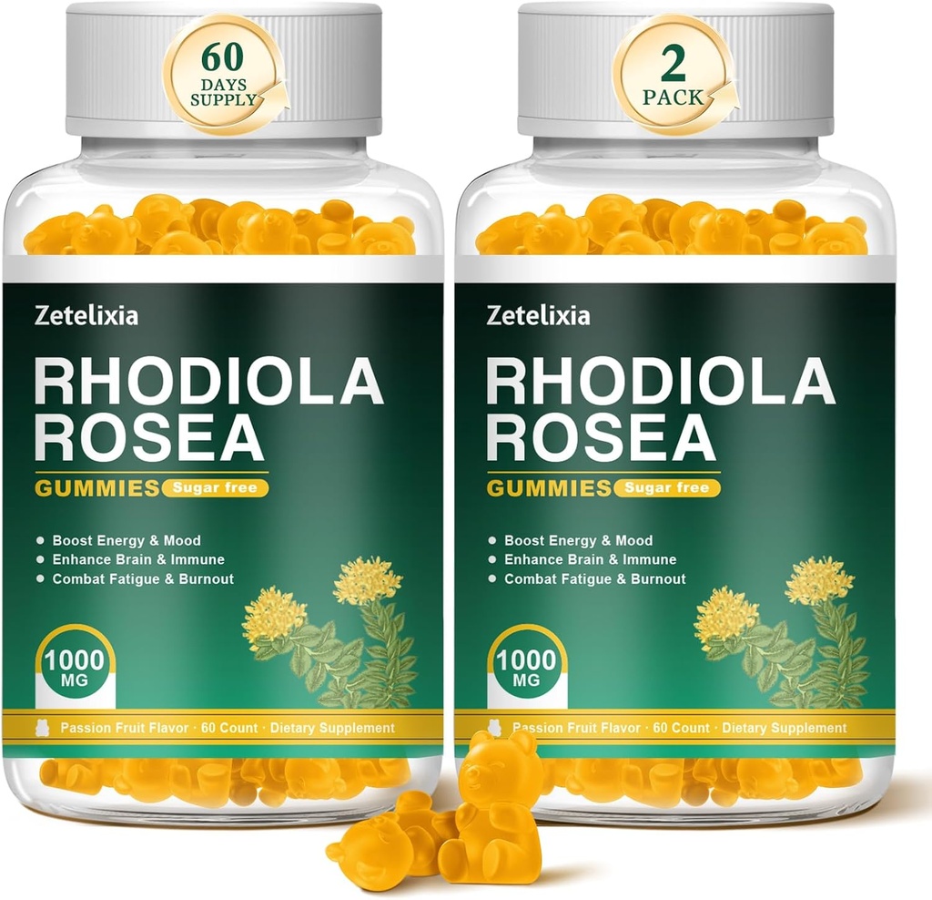2 Pack Sugar-Free Rhodiola Rosea Gummies 1000mg, Rhodiola Rosea Ergänzung für Frauen & Männer, Unterstützung Ausdauer, Stimmung & Energie, Non-GMO, Vegan, 120 Zähler