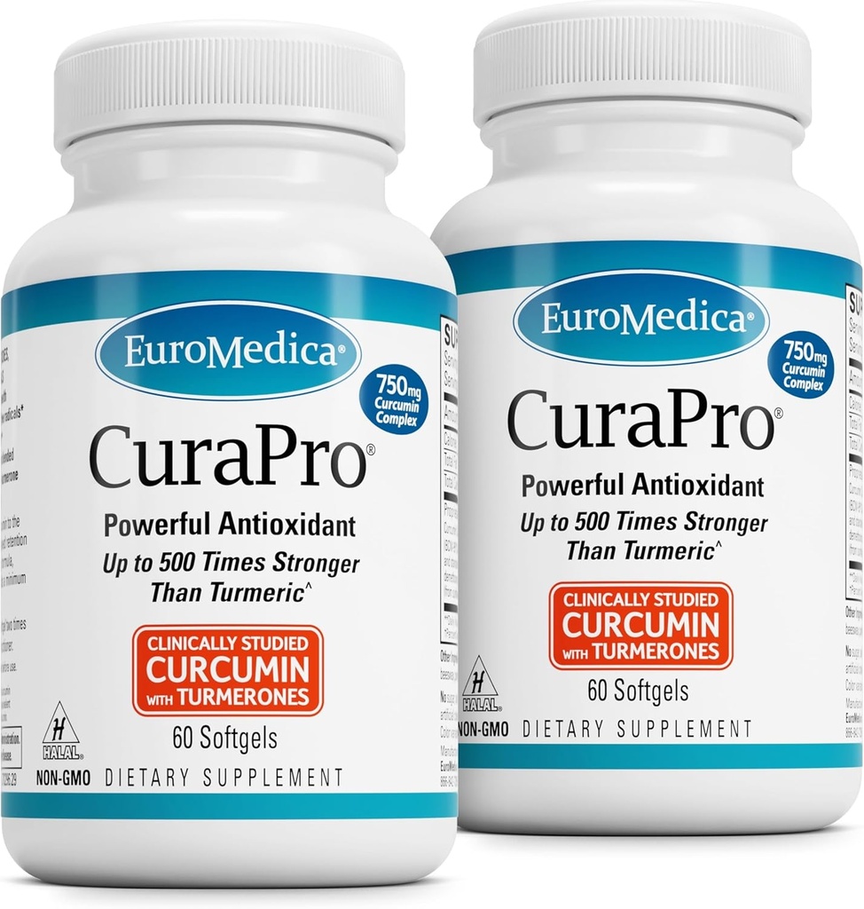 EuroMedica CuraPro - Antioxidante Ergänzung für Gehirn- und Immun-Gesundheitsunterstützung - Nahrungsergänzung mit Curcumin & Turmeric Essential Oil - Kräuter Leberunterstützung - 60 Softgels, 2 Pack (120 Softgels)