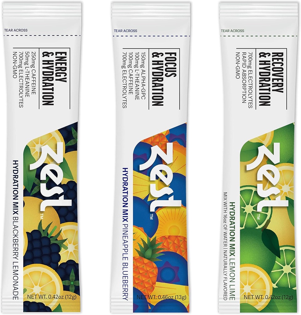 Zest Hydration Elektrolyt Pulver - Variety Pack - Mix w/Water - 6 Travel Packets - Low Sugar Supplement - Recovery, Energy, & Focus Drink - IV Pillars of Liquid Rehydration inkl. Salz & Kalium