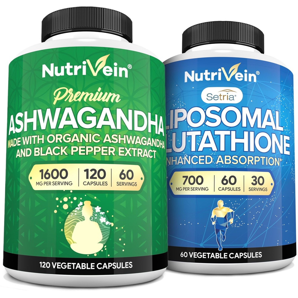 Nutrivein Premium Ashwagandha & Liposomal Glutathione Supplement Bundle: High-Absorption Glutathione Liposomal Supplement & Ashwagandha Ergänzungen für Immunität, Balance, Vitalität, & Detox