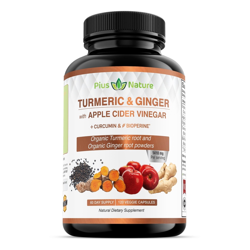 120 Kapseln von USDA Organic Turmeric Root Powder, USDA Organic Ginger Powder und Apple Cider Essig Powder mit Curcumin (95% Curcuminoids) und Bioperine, 1410 mg pro Servieren in Veggie Kapseln