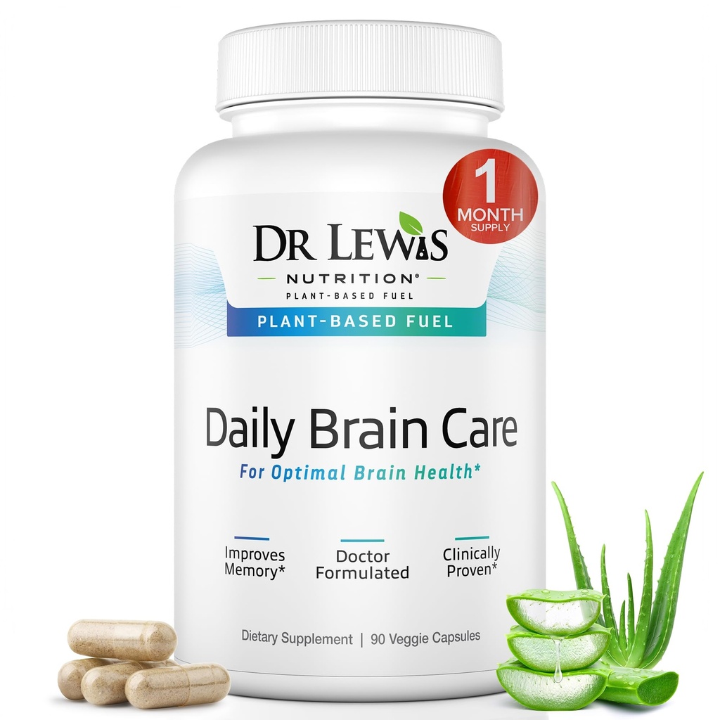 Suppléments Cerveau pour mémoire et focus – Dr Lewis Capsules de soins quotidiens du cerveau avec Aloe Vera – Supplément Nootropique et Énergie à base végétale pour le brouillard cérébral, la clarté mentale et le soutien immunitaire – 90 Capsules