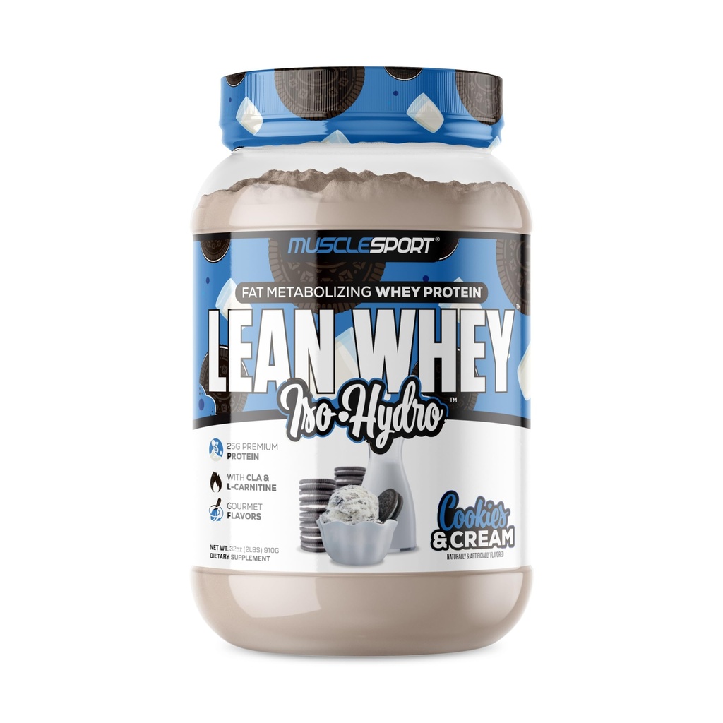 Musclesport Lean Whey RevolutionTM, Whey Protein Isolate mit hydrolysiertem Whey - Low Calorie, Low Carb, Low Fat, Incredible Flavors - 25g Protein pro Scoop (2lb, Cookies N Cream)