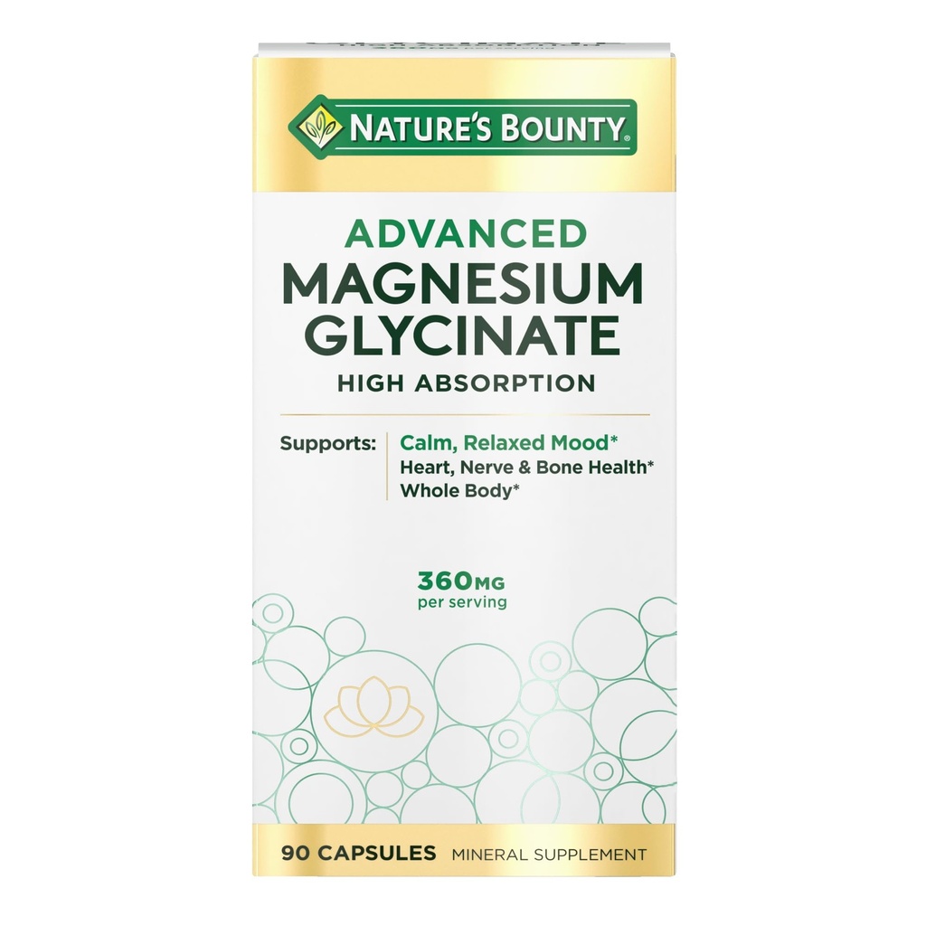 Natural Bounty Calm Magnesium Glycinate Supplemento - Magnesio ad alto assorbimento per l'umore rilassato, salute di cuore e ossa, 90 capsule