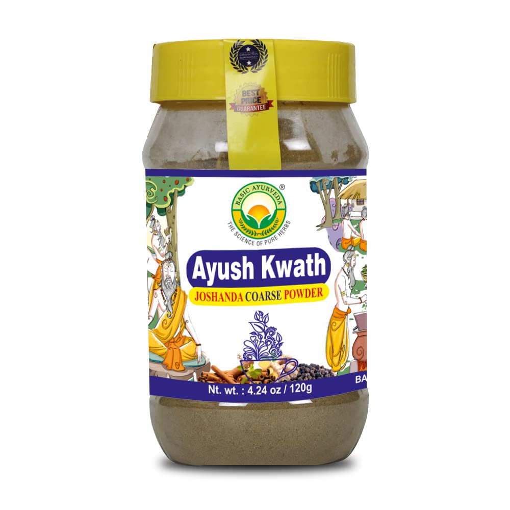 BASIC AYURVEDA Kwath Kadha Powder | 4.23 Oz (120g) | Spice Blend of Cinnamon Ginger & Holy Basil | Polvere ayurvedica organica per miscele di tè e bevande calde | Sostegno alla gola