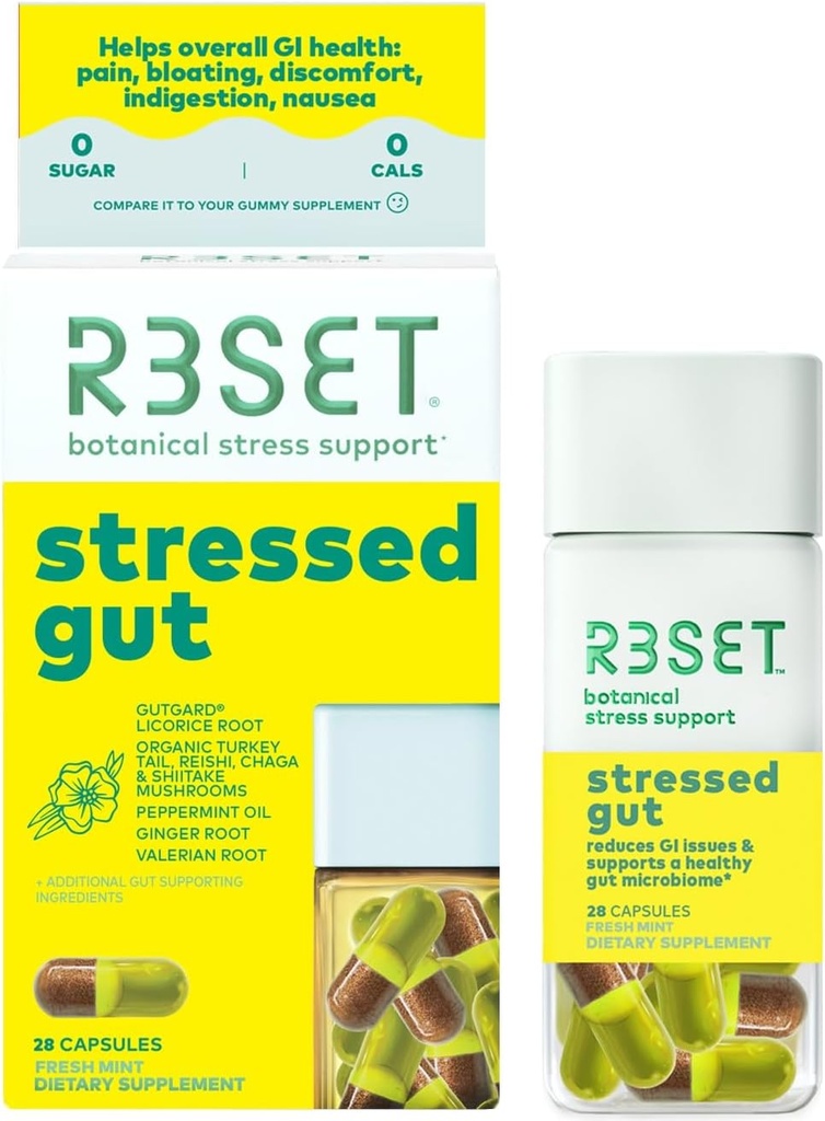 R3SET Stressed Gut Prebiotic Daily Supplement for Gut Health, Heartburn, Bloating, Gas – Complément probiotiques pour les femmes + hommes - Ginger, racine de réglisse, mélange de champignons organiques, naturel, 28 Comte