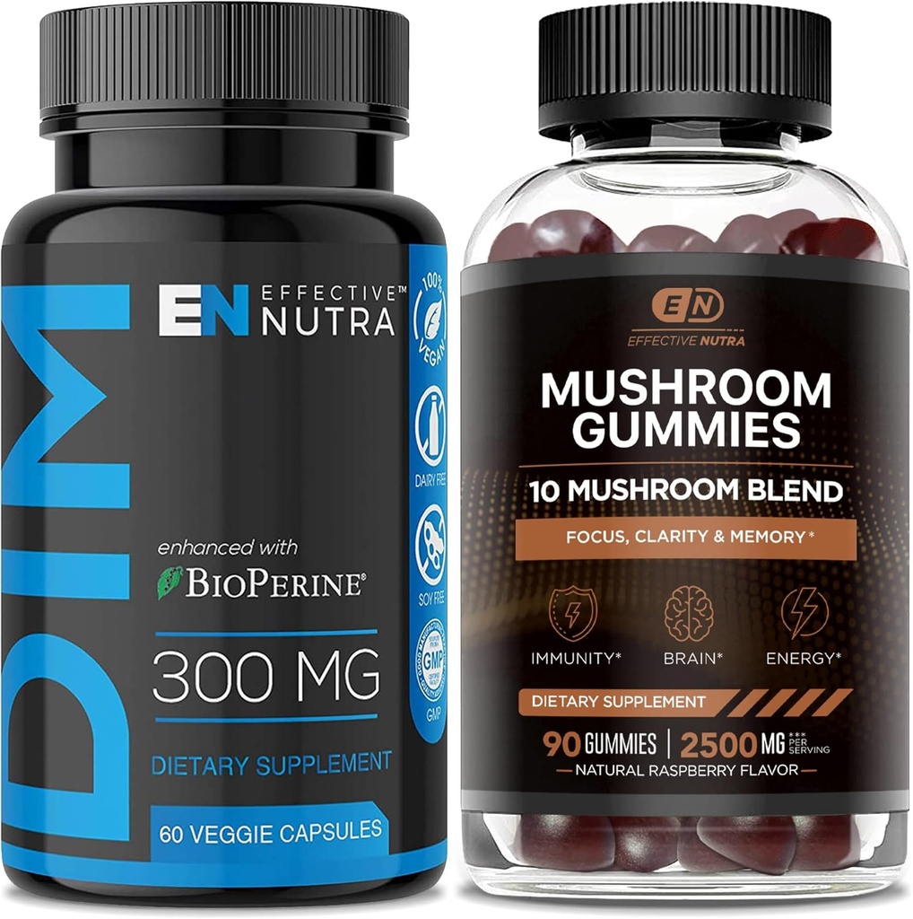 Supplément NUTRA DIM EFFECTIF 300mg & Gommies de Champignon 2500mg - Complexe extra-fort DIM + Champignon pour l'équilibre hormonal estrogène, traitement de l'acné et PCOS, Immune Support & Énergie