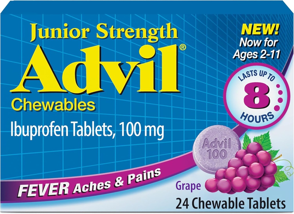 Advil Junior Strength Chewable Ibuprofen Pain Reliever and Fever Reducer, Children's Ibuprofen for Pain Relief, Grape - 24 Tablets