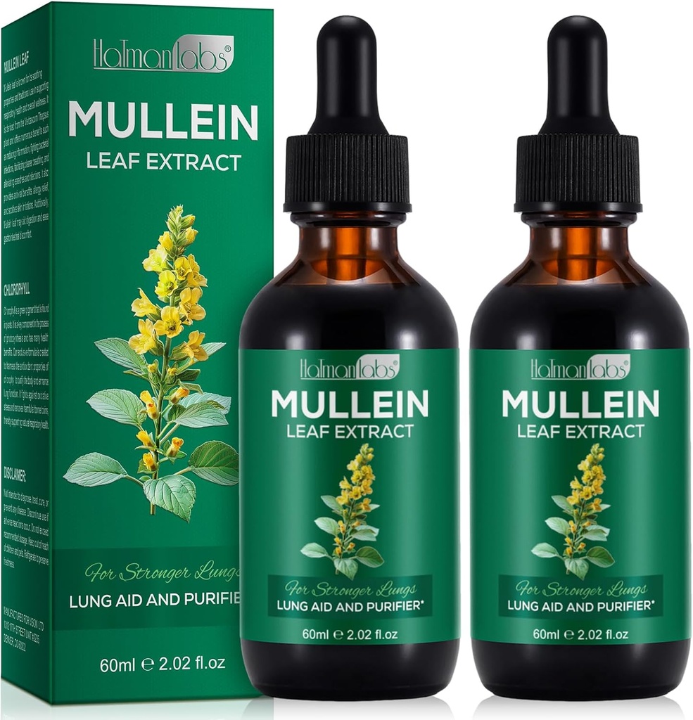 2 paquets de gouttes de Mullein pour les poumons, suppléments naturels à base de plantes de Mullein, extrait de feuille de Mullein pour le nettoyage pulmonaire et le soutien respiratoire, 2,02 fl oz