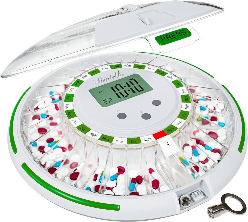 Distributeur automatique de pilules avec alarme sonore pour l'organisateur de médicaments chronométrés - 28 jours Distributeur automatique de pilules pour les aînés avec l'alarme, le son, la lumière - chronomètre Distributeur de médicaments