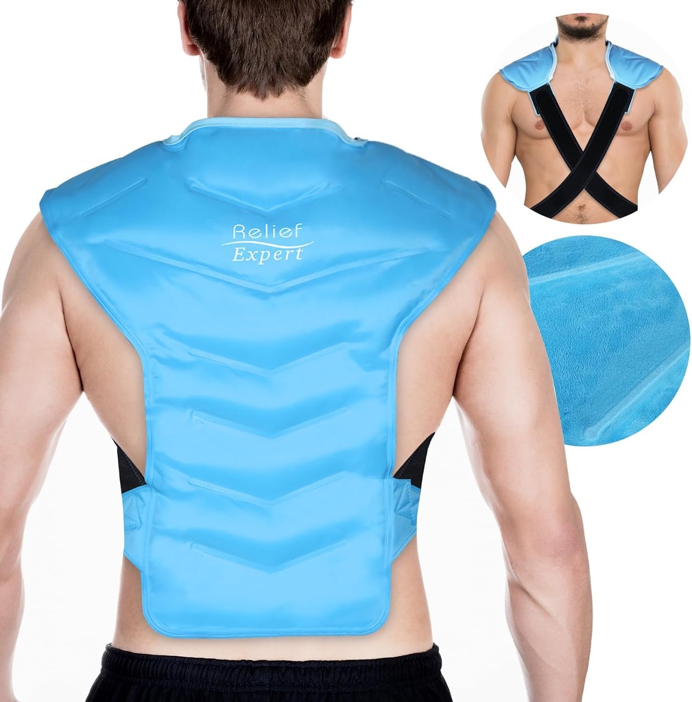 Relief Expert Large Back and Shoulder Ice Pack Wrap – Reusable Gel Cold Pack mit Dual-Sided Stoff und verstellbaren Riemen, Soft Plüsch Futter für Upper Back Kalte Therapie und Post-Workout Erholung
