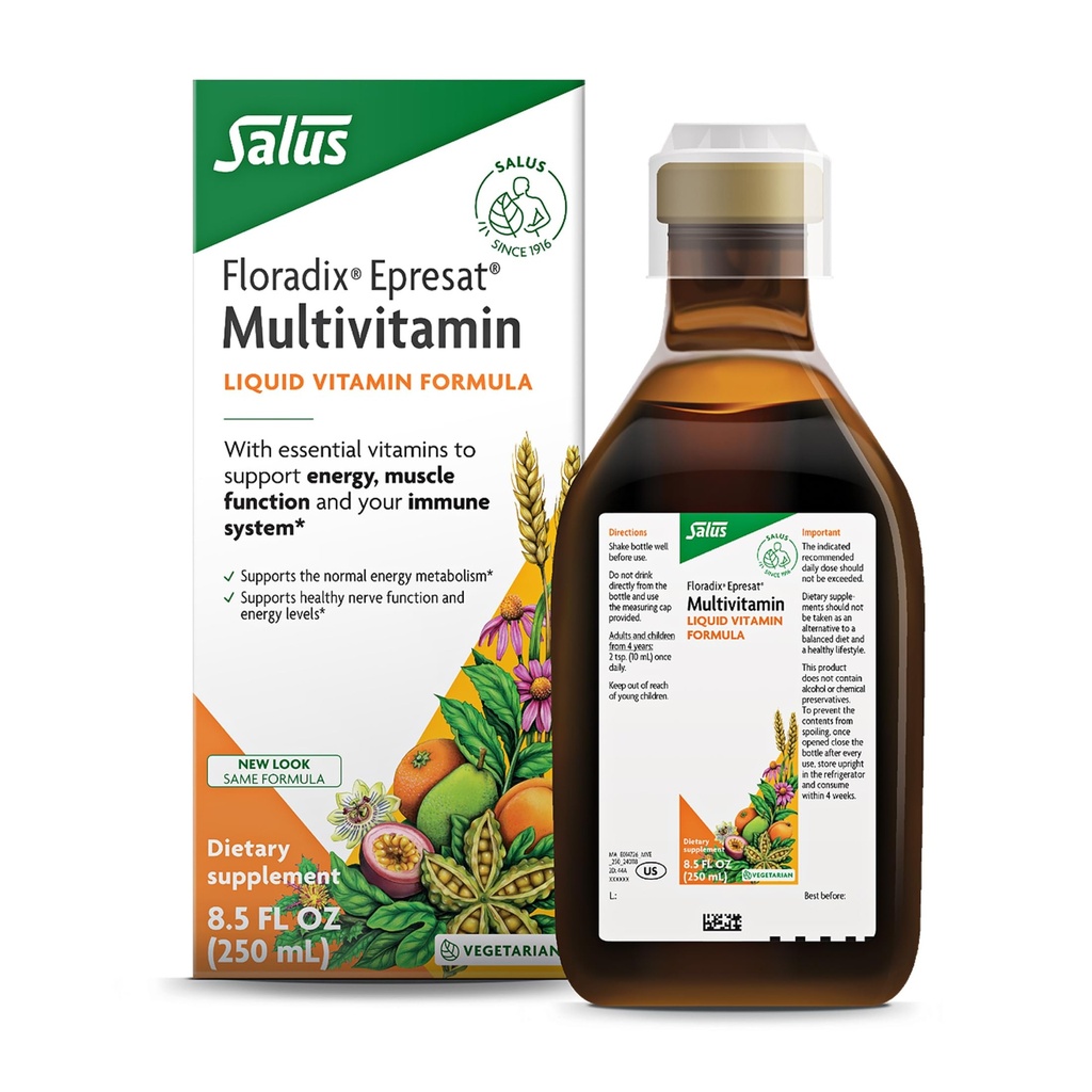 Floradix Epresat Multivitamine liquide adulte - Supplément à base de plantes - Supplément quotidien avec vitamine A, D, B6, chardon de lait et plus - Soutient l'énergie et la santé du foie - Végétarien, Non-OGM - 8,5 fl oz