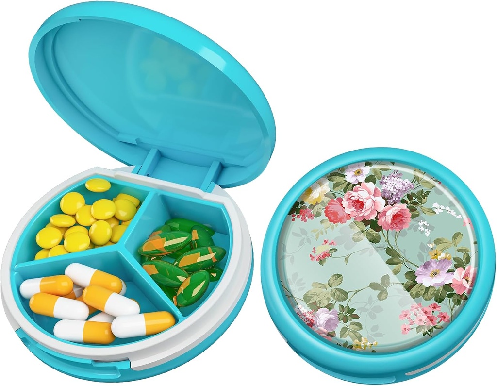 Serfeymi Petite Pill Box - 3 Compartiments Portable Pill Box pour la poche de Purse, Compact Mini Travel Pill Case - Convient pour la médecine, la vitamine, l'huile de poisson, suppléments - Bleu clair (Garden Bloom)